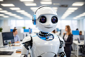 robot in the office, future concept, robots working together with humans