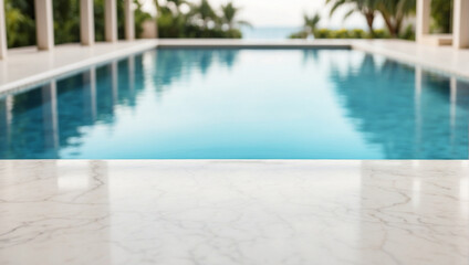empty white marble table with blurry swimming pool background, backdrop with copy space - obrazy, fototapety, plakaty