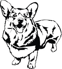 Cartoon Black and White Isolated Illustration Vector Of A Pet Corgi Puppy dog Standing Up with Mouth Open