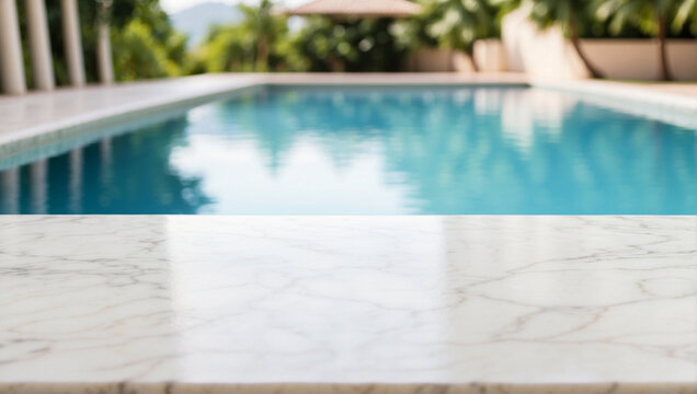 empty white marble table with blurry swimming pool background, backdrop with copy space