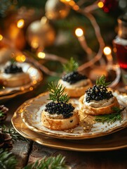 gourmet appetizer with black caviar on a festive table with a Christmas light background