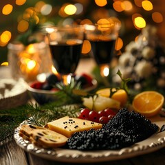 gourmet appetizer with black caviar on a festive decorated table with a bright Christmas background