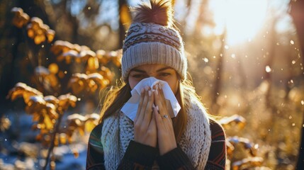 A sick young woman blows her nose with a napkin - obrazy, fototapety, plakaty