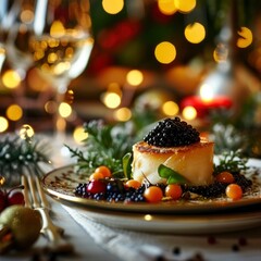 Obraz premium gourmet appetizer with black caviar on a festive table with a Christmas light background