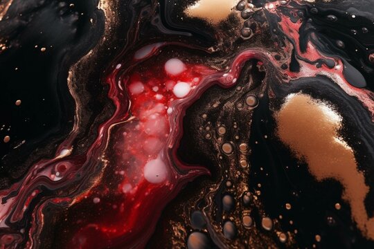 Abstract art with red and black colors, marble swirls, and agate ripples. Gorgeous natural wallpaper with gold powder. Generative AI