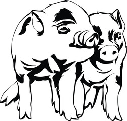 Cartoon Black and White Isolated Illustration Vector Of 2 Baby Farm Piglets