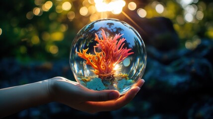 Marine Life Coral Captured in Crystal Sphere