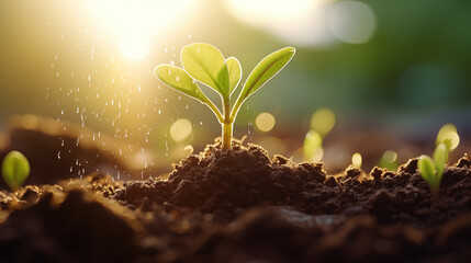 New Beginnings: Young Seedlings Thriving in Spring Rain, Generative AI illustration