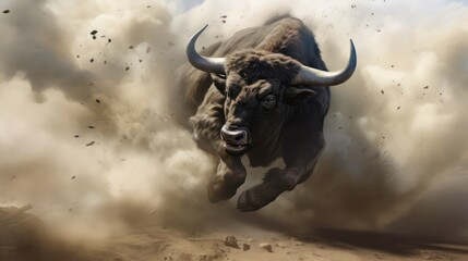 Photo of angry horned bison buffalo against thick dust background.
