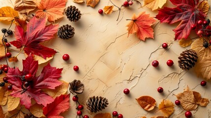 Red-yellow autumn leaves from rowan cones and berries. Autumn warm and seasonal background