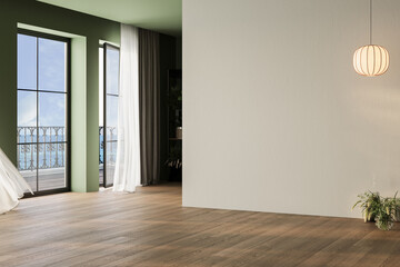 Modern interior design of apartment, empty interior with parquet flooring, sea view from windows,...