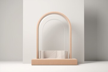 Wooden podium on white background with beige art deco arch, cosmetic promotion pedestal, stone and glass showcase, abstract minimal 3D render. Generative AI