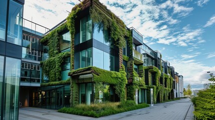 A contemporary office building with a green living wall