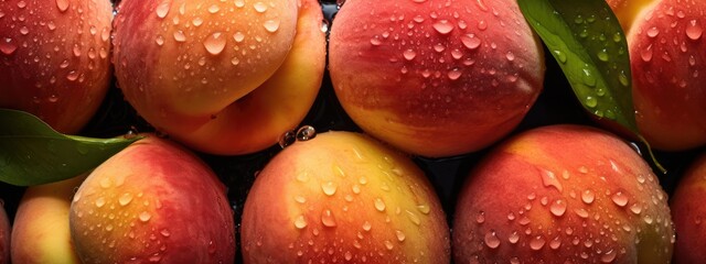 Close-up background of peaches. fruit with drops of water.