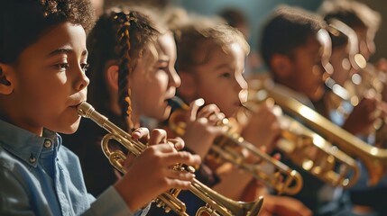 A group of children learning to play musical instruments in a school band. - obrazy, fototapety, plakaty