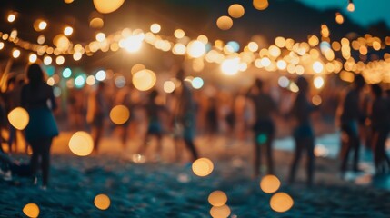 Lively night beach party in summer with blurred background. Dynamic and energetic atmosphere of the holiday - obrazy, fototapety, plakaty