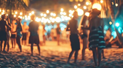 Lively night beach party in summer with blurred background. Dynamic and energetic atmosphere of the holiday
