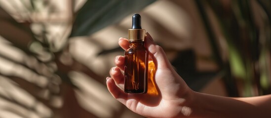 Women holding amber glass bottle with cosmetic serum on brown background. Mockup of container with dropper lid and collagen in sunlight. Skin care concept. - obrazy, fototapety, plakaty