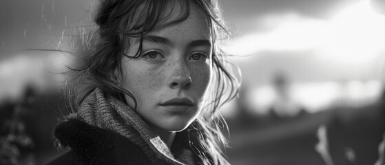 scandinavian art house movie plot. A woman on a farm, expression full of meaning and conflicted emotion. panoramic movie still. Portrait of the main character, protagonist.