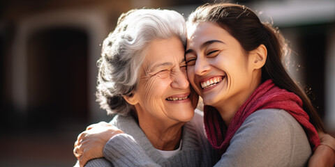 Generational embrace between a joyful elderly woman and young adult, expressing love and family connection - obrazy, fototapety, plakaty