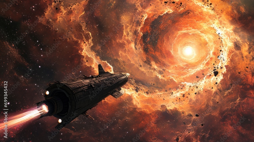 Poster a spacecraft approaching a wormhole in deep space