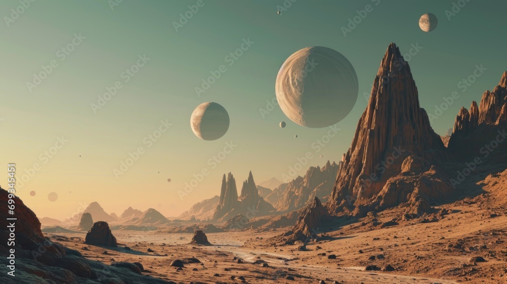 Poster a surreal depiction of multiple moons in alignment over an alien desert