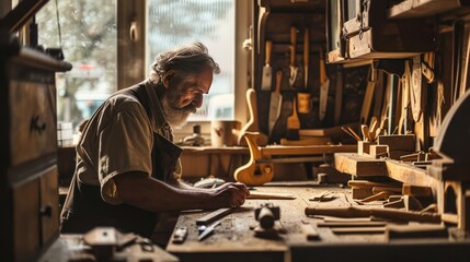 A skilled carpenter working meticulously in his workshop, surrounded by wooden creations.