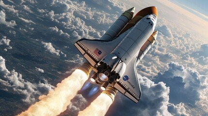 A space shuttle launching into orbit with fiery boosters