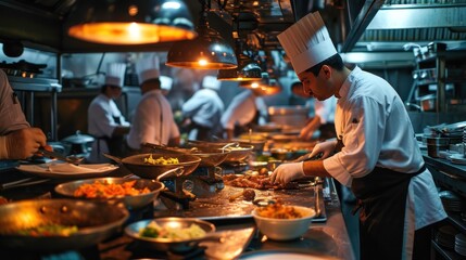 A team of chefs in a bustling restaurant kitchen, preparing gourmet dishes.