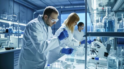 A team of scientists working in a high-tech laboratory, innovative and focused, with advanced scientific equipment.