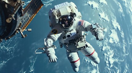An astronaut floating peacefully outside a space station - obrazy, fototapety, plakaty