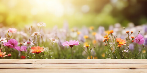 Spring floral natural background with a wooden board in the foreground and out of focus flowers in a field