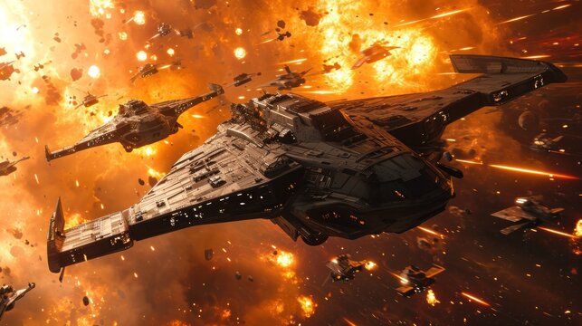 An epic space battle scene with futuristic spaceships and explosions