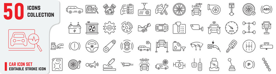Set of Car Parts editable stroke icons also includes engine, maintenance, diagnostic, service, suspension, battery, indicators signal, brake icons. Car repair 50+ thin icon collections - obrazy, fototapety, plakaty