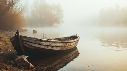 An old lonely boat drifts down the river. A foggy atmosphere of loneliness and mystery