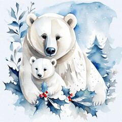 Fototapeta premium Polar bears watercolor illustration. Winter, New Year, Christmas. Blue, white, brown colors. Winter landscape. Christmas card. For printing on stickers, greeting cards, advent calendars.