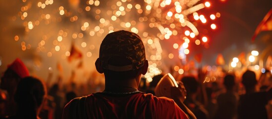 Country's Independence day celebrated with fireworks and flag display.