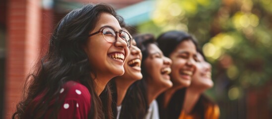 Joyful Indian Asian college students/friends laughing together on campus. - obrazy, fototapety, plakaty