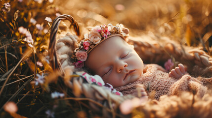 newborn cute baby professional open air summer photoshoot, calm atmosphere, beautiful nature decorations, professional photo