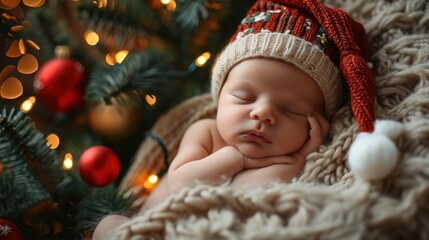 newborn cute baby professional studio Christmas style photoshoot, calm atmosphere, beautiful decorations, professional photo, greeting card