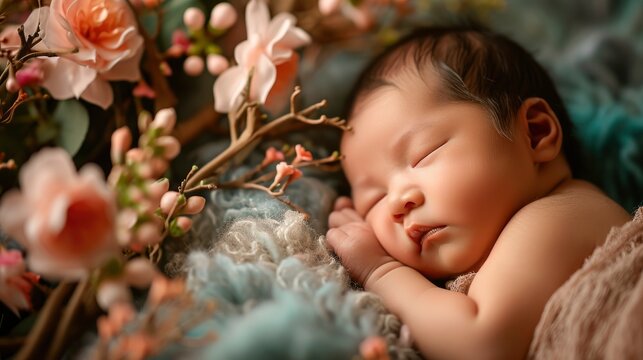newborn cute baby professional studio photoshoot, beautiful decorated background, professional photo