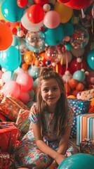 Fototapeta na wymiar Professional photo of best ever birthday party with lots of presents and balloons for a 5 year old girl