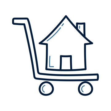 Hand drawn shopping cart with house doodle line illustration. shopping cart with house icon.