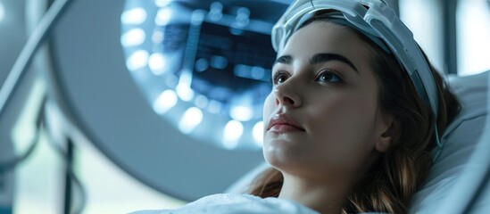 Young woman receives modern cancer therapy with advanced medical technology.