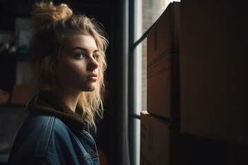 Young woman looks out window with moving boxes, relocating, move in, apartment, search. Generative AI