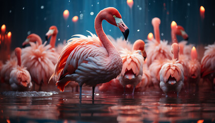 Vibrant pink feathered bird reflects elegance in tranquil pond generated by AI