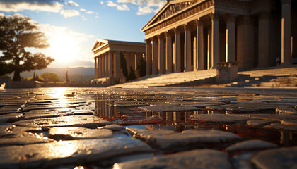 Fototapeta premium Famous old monument, sunset illuminates ancient architectural column generated by AI