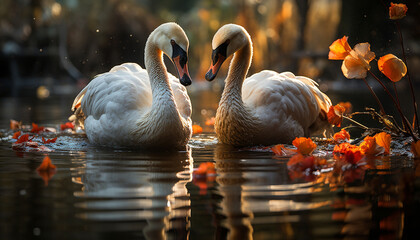 Swan elegance reflects in tranquil pond, nature beauty generated by AI