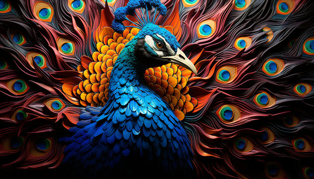 Peacock vibrant feathers create an elegant, multi colored celebration of nature generated by AI