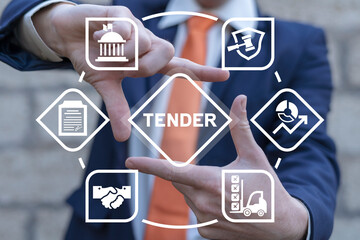 Man using virtual touch screen sees word: TENDER. Tender business concept. Launched a tender for...